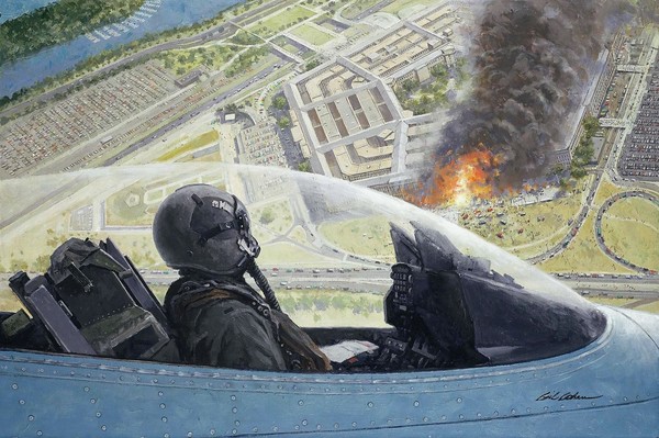 9-11 (F-16 fighter jet, the same aircraft flown by Heather Penney, on September 11, 2001, flying over the burning Pentagon in Washington, D.C.).
Художник - Gil Cohen / Painting by Artist Gil Cohen